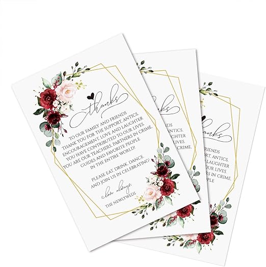 Amazon Com Doris Home Wedding Thank You Place Setting Cards With Burgundy Flower 4x6 Print To Add To Your Table Centerpieces And Wedding Decorations Pack Of 50 Kitchen Dining