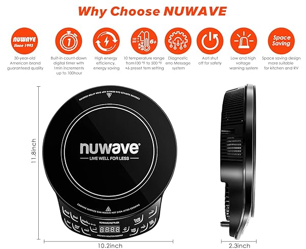 NUWAVE FLEX PRECISION INDUCTION COOKTOP, 10.25” SHATTER-PROOF CERAMIC GLASS, 6.5” HEATING COIL, 45 TEMPS FROM 100°F TO 500°F, 3 WATTAGE SETTINGS 600, 900 & 1300 WATTS, BLACK