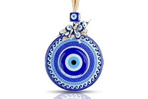 BCS Blue & White Wave Pattern Evil Eye Decor Wall Hanging 4" Glass Turkish Greek Nazar Amulet Good Luck & Protection Charm - Handmade Ornament for Home, Office, Garden, Door - Ojo Turco