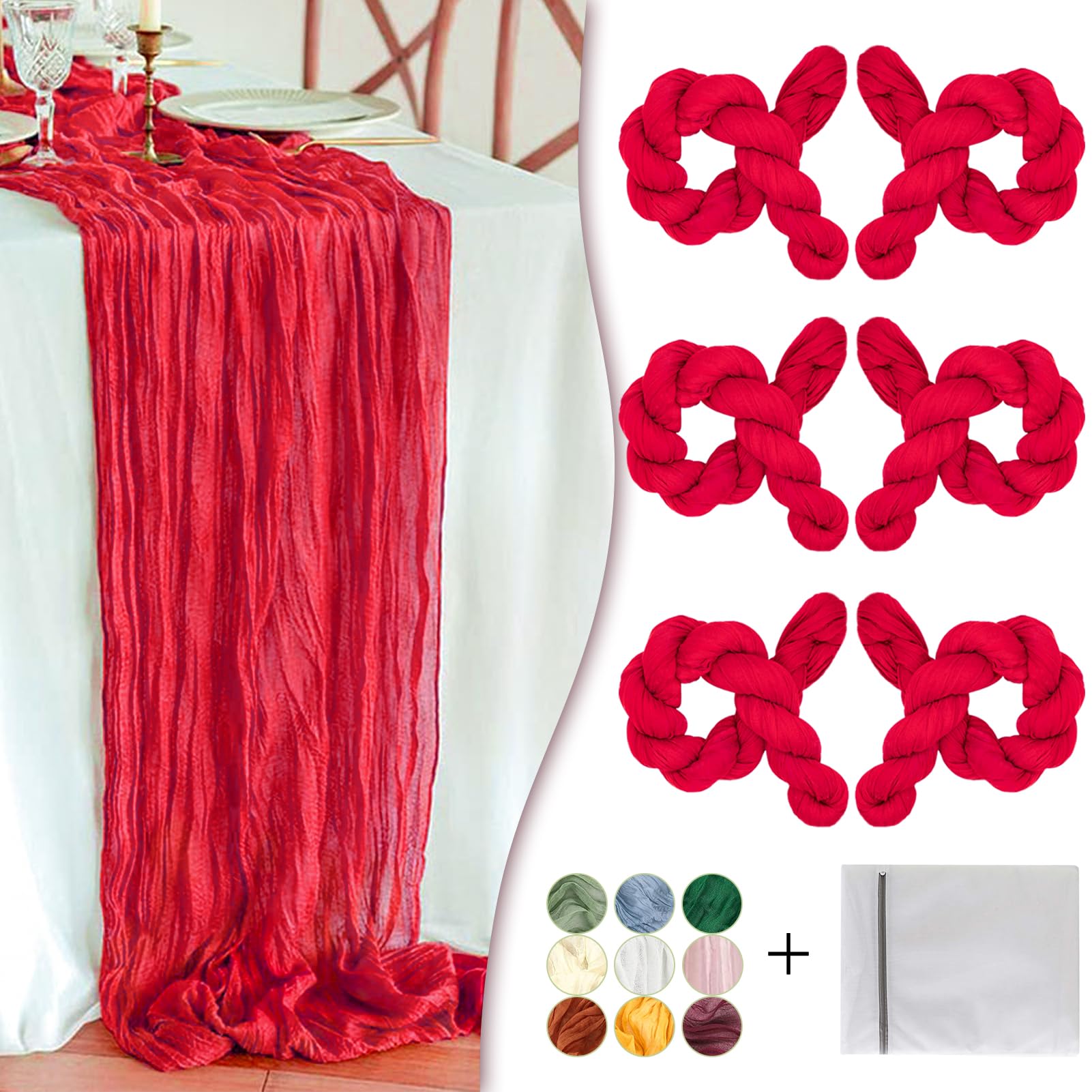 Waligoy Red Cheesecloth Table Runner 6 Pack 35" Boho Gauze Runner 120 inches Long Runner Rustic Sheer Fabric Bulk for Baby Shower Wedding Bridal Birthday Party Table Decorations Image