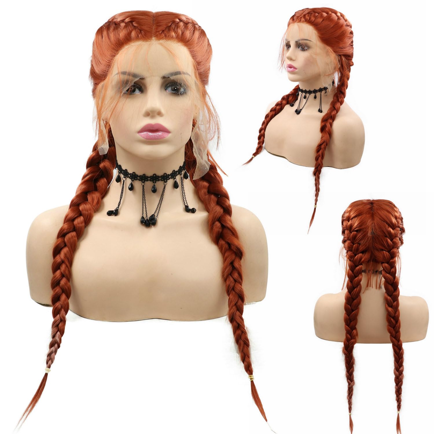 SereneWig 24" Copper Red Double Braids Wig 2xTwist Braided Wig with Baby Hair Around Hairline Long Dark Orange Natural Color Synthetic Lace Front Wigs for Women Natural Daily Party Wear Braided Wigs