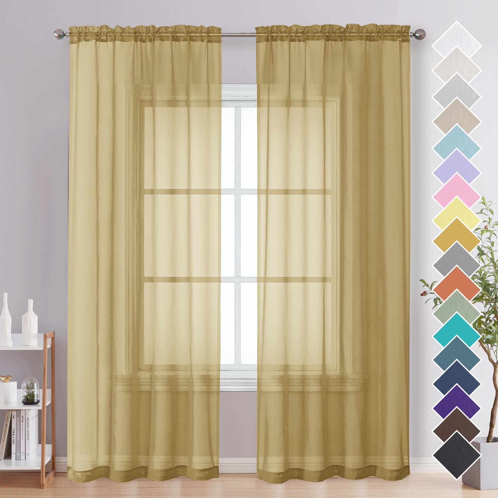 Photo 1 of OVZME Gold Sheer Curtains 84 Inches Long 2 Panels - Soft Light Filtering Window Sheer Panels for Living Room/Bedroom, Top Dual Rod Pocket, 1 Pair, Each 42Wx84L Inches