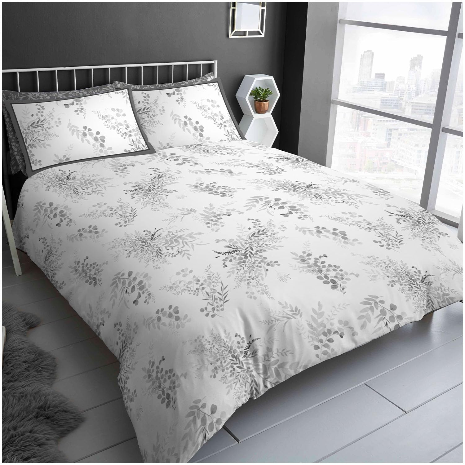 GC GAVENO CAVAILIA Reversible Duvet Cover Double Bed - Leafs 3 Piece Double Quilt Cover (200 x 200 m) with Pillowcases - Washable Bedding Comforter Set - Grey