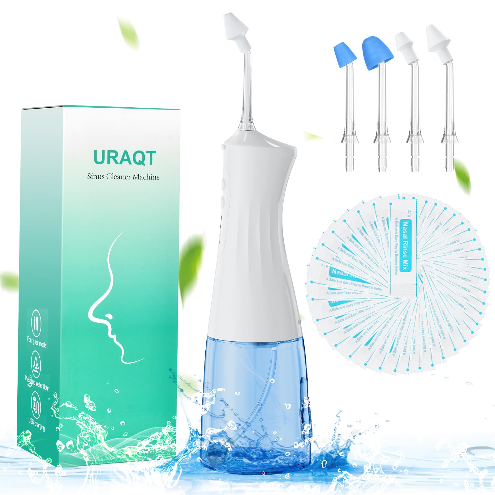 URAQT Neti Pot, Electric Nose Cleaner, Rechargeable Neti Pot Sinus Rinse Kit with 40 Packets Nasal Wash Salt and 4 Replaceable Tips, Nasal Sinus Rinse for Adult & Kid (Blue)
