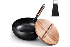 Japanese Cast Iron Wok with Lid & Spatula, Hand Hammered Tsubame-Sanjo Wok Pan, Pre-Seasoned Uncoated Nonstick Iron Pot for I