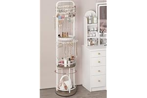Bikoney Jewelry Holder Organizer, Floor Jewelry Organizer with Earring Organizer Necklace Holder, Rotating Jewelry Stand Neck