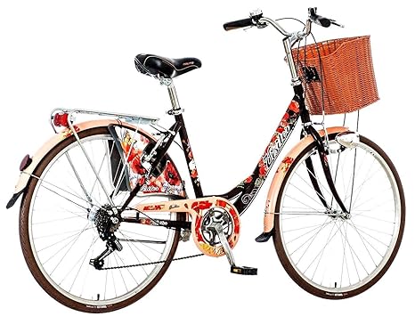 breluxx 26 Zoll Damenfahrrad Venera Fashion Secret Mohnblume, Citybike Korb + Licht Retro Damenrad, 6 Gang Shimano