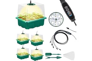 CANNABMALL Seed Starter Tray 5 Packs Seedling Starter Trays with Grow Light 8 LEDs, Timer, Dimmable, Seed Starting Trays Kit with Humidity Dome (60 Cells) Indoor Gardening Plant Germination Trays