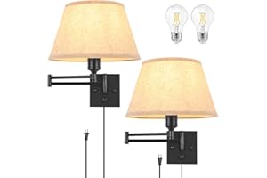 TRLIFE Dimmable Wall Sconce Plug in, Wall Sconces Set of Two Swing Arm Wall Lights with Plug in Cord and On/Off Dimmer Rotary Switch, 11.8" Large Beige Fabric Shade(2 Pack, 2 Bulbs Included)