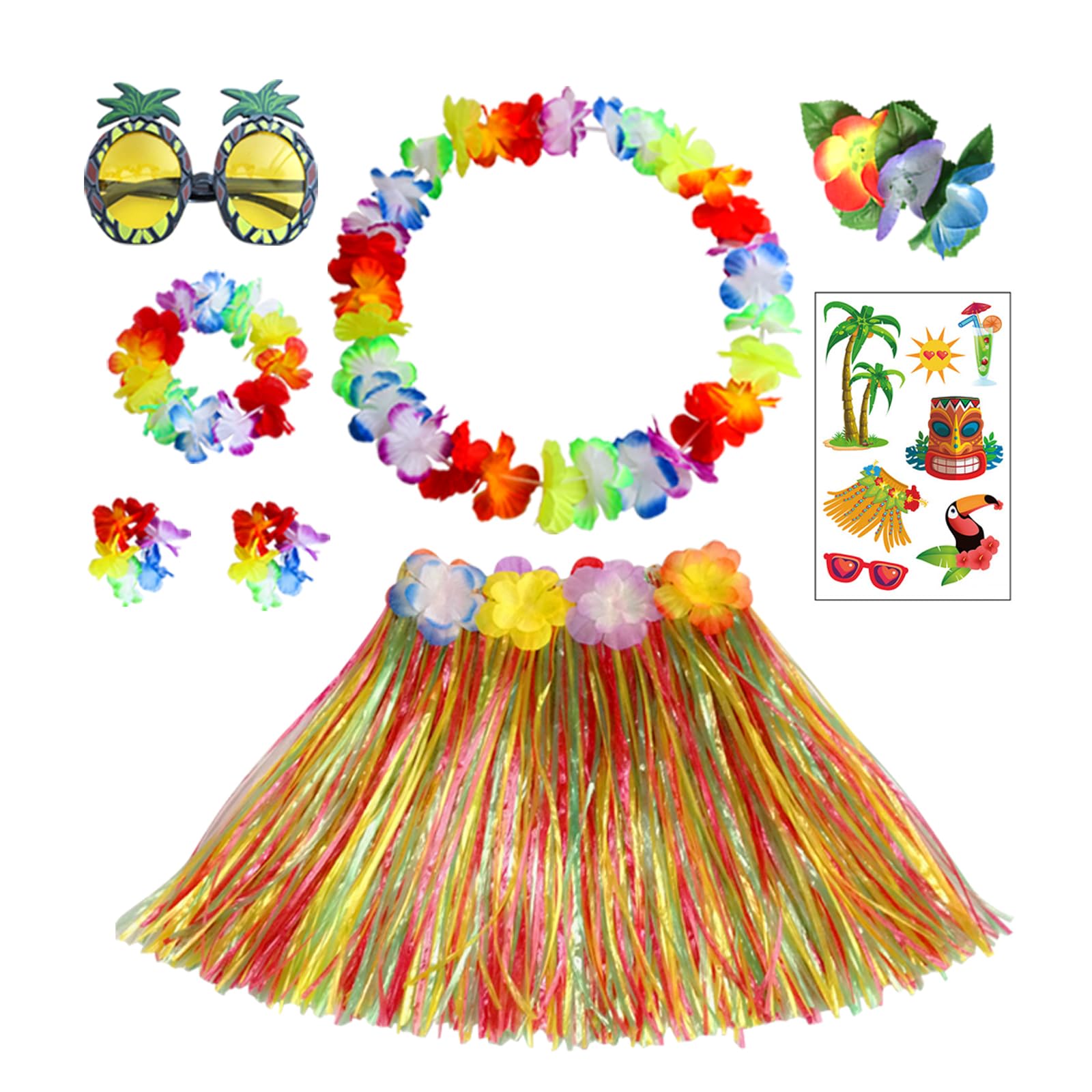 HBell 8pcs Hawaiian Hula Skirt Costume Set,40cm Hawaiian Grass Skirt,Hawaii Leis,Pineapple Glasses for Kids Fancy Dress Supplies Summer Beach Tropical Party Decorations (Colorful)