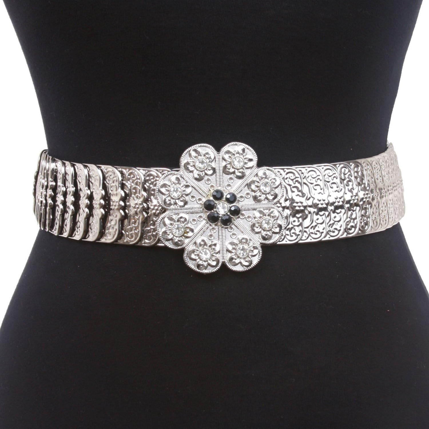 Round Rhinestone 1 3/4" Elastic Sequent Metal Stretch Belt Size Onesizefitsall Color Silver
