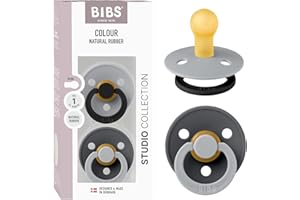 BIBS Colour Studio Pacifier 2-Pack, BPA Free, Round Nipple. Natural Rubber Latex, Made in Denmark, Size 1 (0-6 Months) - Cloud/Iron