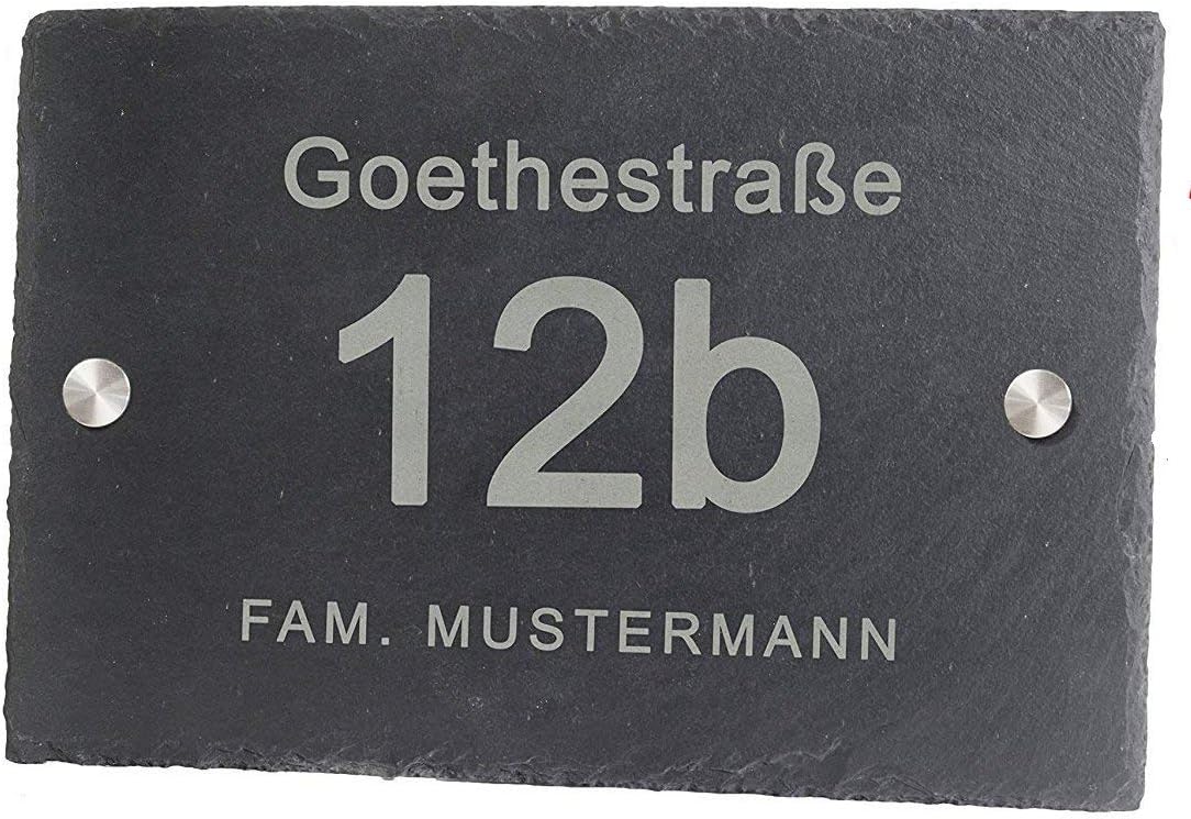 Feiner-Tropfen Hausnummer Schiefer Gravur BK schwarz anthrazit Edelstahl 30x20