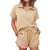 Aoysky 2 Piece Outfits Short Sets for Women Sweatsuit Casual Tracksuits Summer Half Zip Ruffle Tops Matching Sets