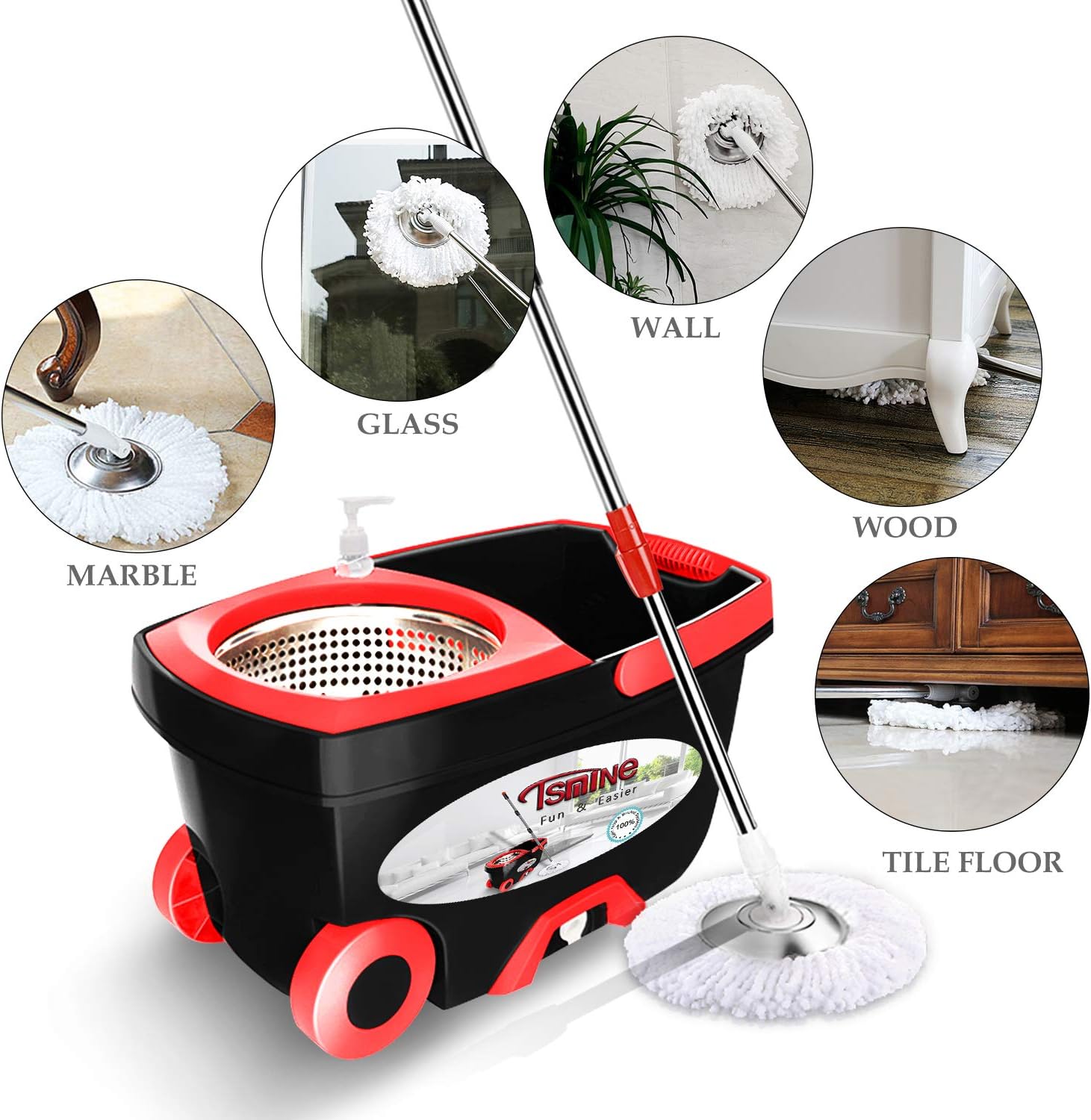 Tsmine Spin Mop & Bucket Floor Cleaning System, Household Cleaning Supplies Stainless Steel Mop Bucket with Wringer on Wheels - 6 Mop Heads 61" Handle, Mop with Bucket for Home Commercial Cleaning: Kitchen & Dining