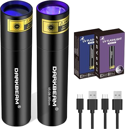 DARKBEAM UV Torch 365nm 395nm USB Rechargeable Mini Black Light 2 Pack