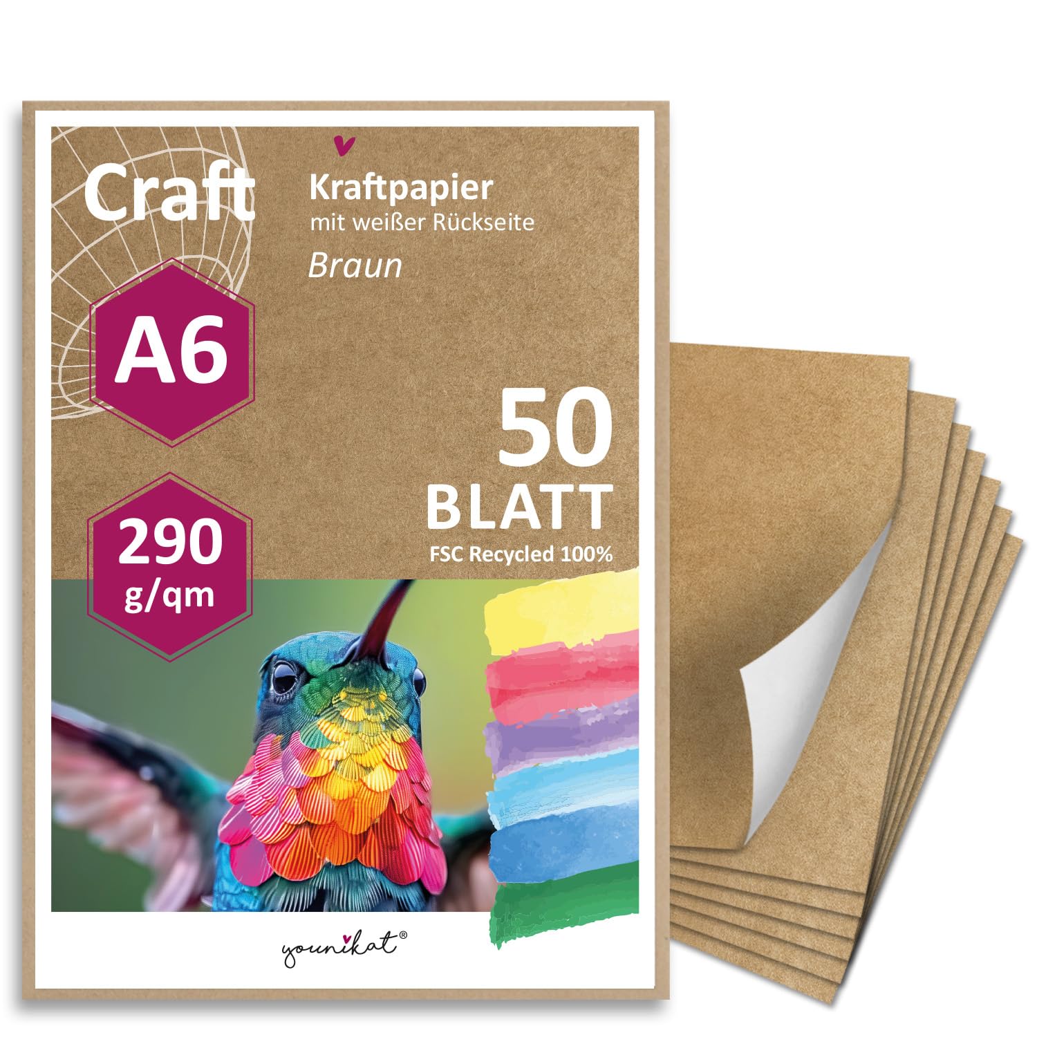 younikat Kraft Paper, White Coated Back, DIN A6 290 g/m², 50 Sheets, DIY Cardboard, Customisable, Packaging, Craft Paper, Blank without Motif and Ecological, dv_813