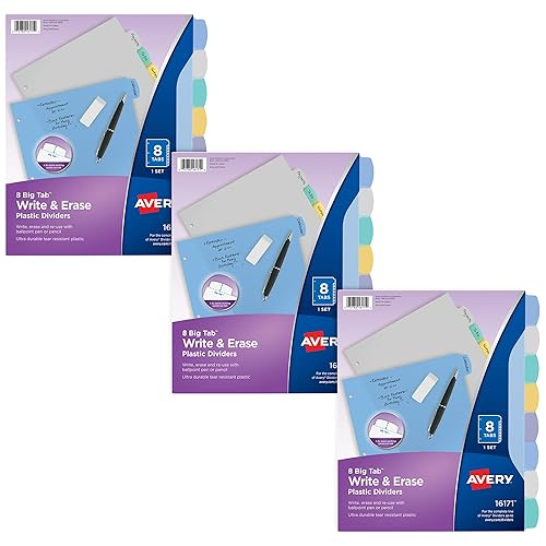 Avery Big Tab Write & Erase Durable Plastic Dividers for 3 Ring Binders, 8-Tab Sets, Pastel Colors, 3 Sets of Binder Dividers, Great for Organizing Reports, Presentations, and More (31351)