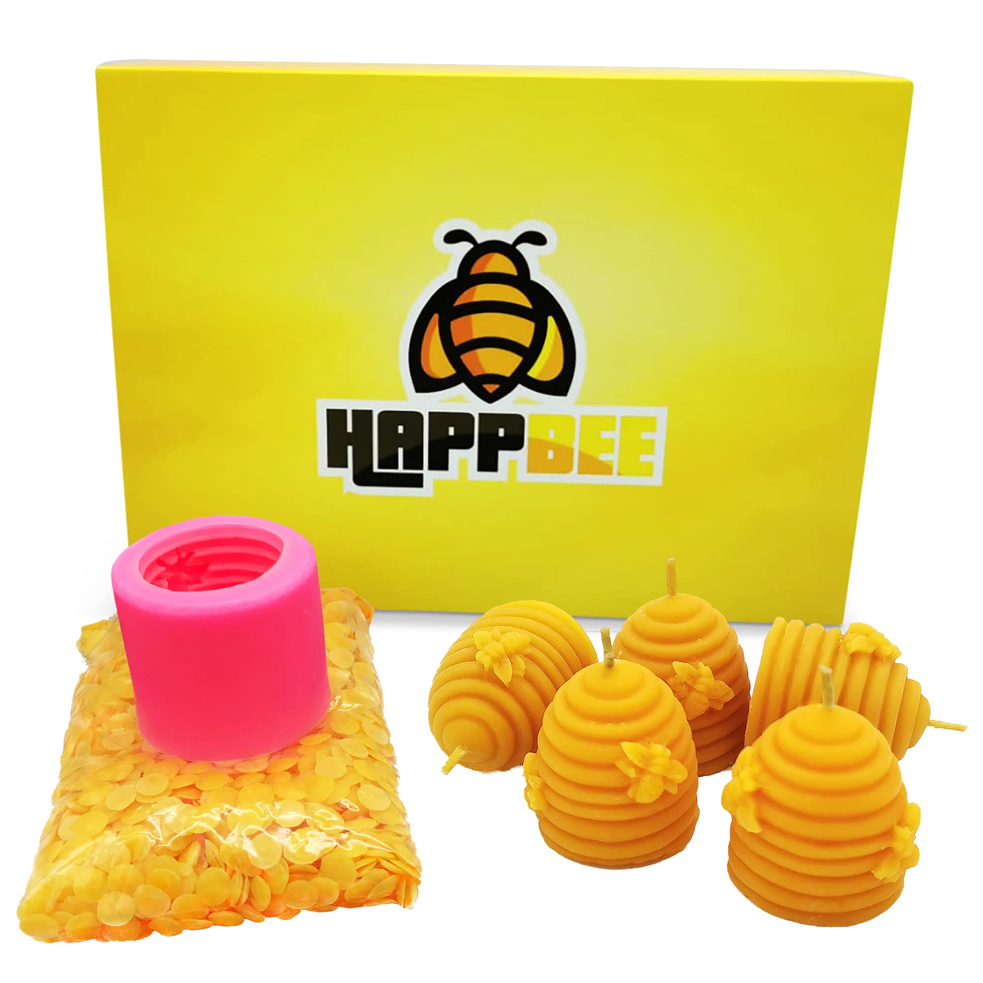 HappBee® Set of beeswax candles pouring complete with silicone mould, wicks 200 g pure natural brand beeswax 5 homemade candles make also a great gift
