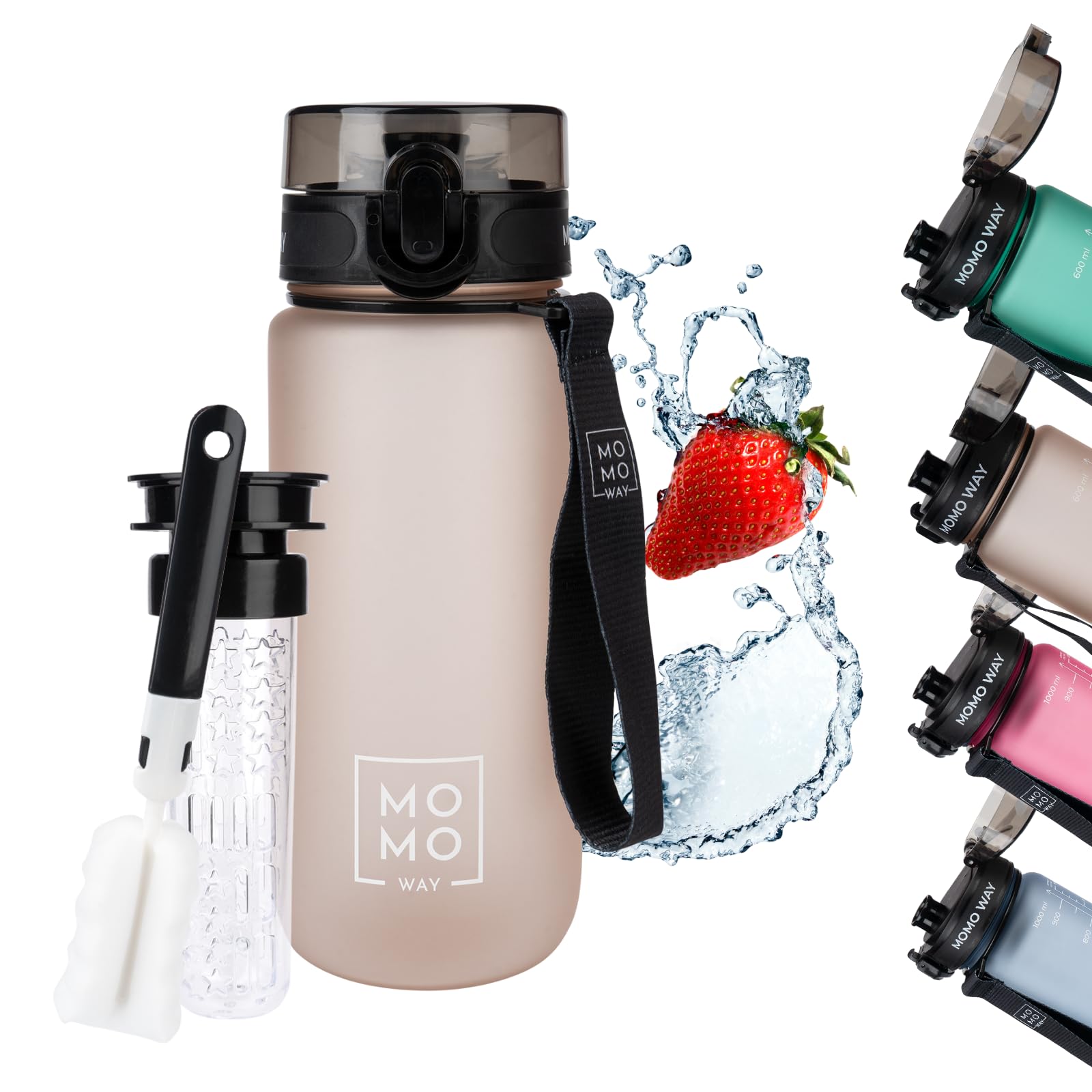 MOMO WAY Drinking Bottle Tritan Water Bottle BPA Free Reusable for School Sports Fitness Gym Easy Closure Gift for Men Women and Children Light Pink 600ml