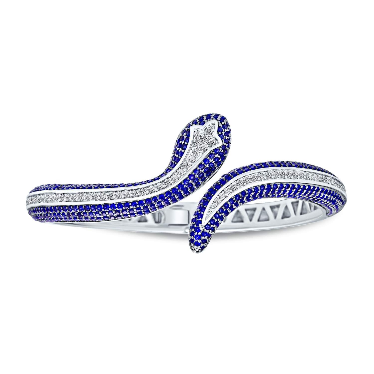 Bling Jewelry Egyptian Fashion Statement Snake Serpent Hinge Cuff Bangle Bracelet For Women White Blue Simulated Sapphire Cubic Zirconia Pave CZ Rhodium Plated โ image 1