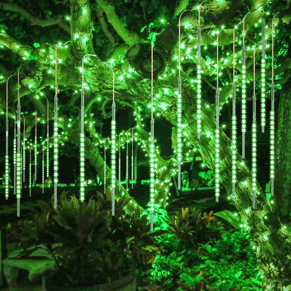 DINOWIN LED Meteor Shower Solar Lights Outdoor - Waterproof Garden 30cm 10 Tubes 360LEDs Falling Raindrop Lights - Holiday Party Wedding Christmas Tree Decoration String (Green)