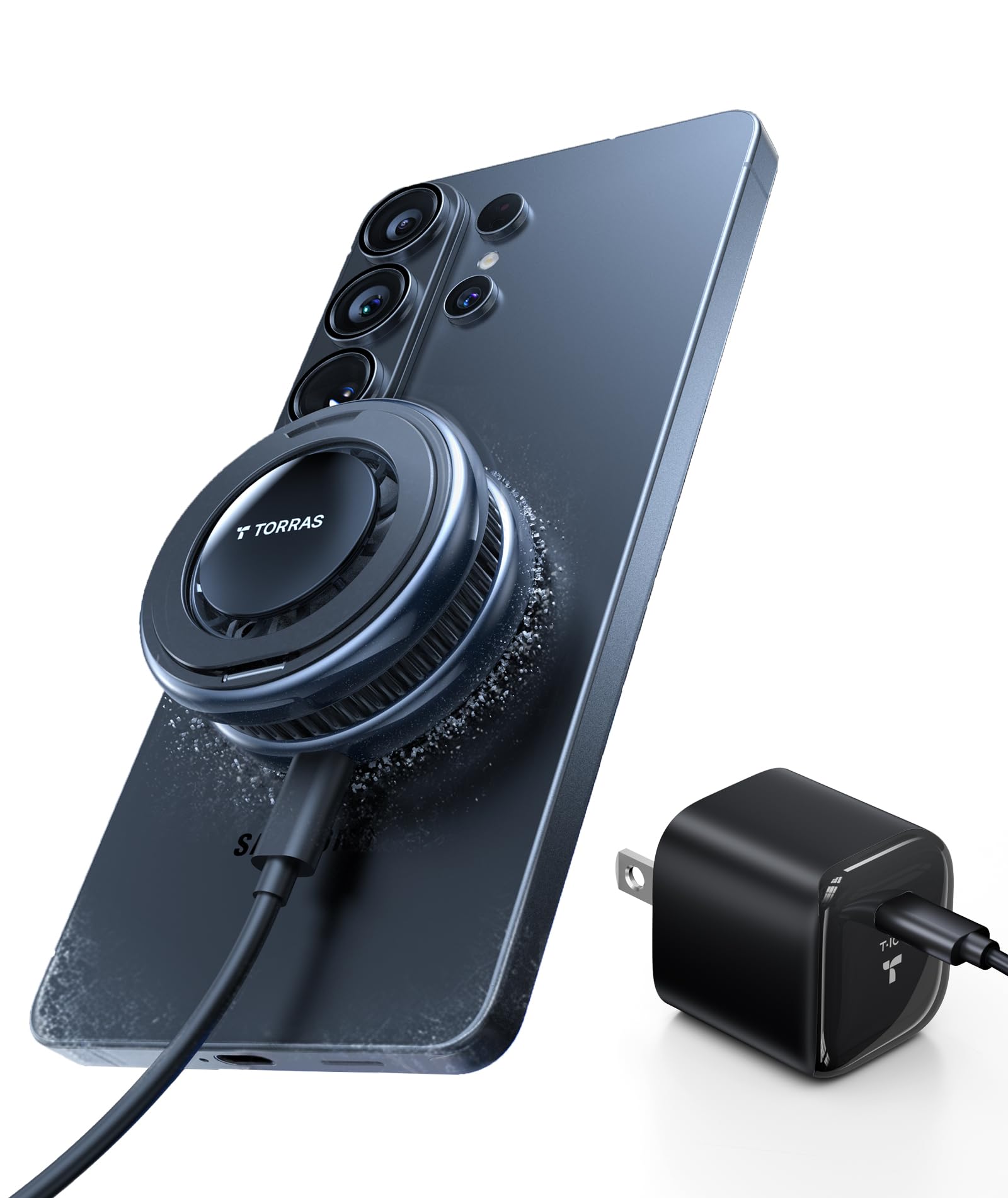 Photo 1 of TORRAS PolarCircle Qi2.2 Wireless Charger, 25W Cooling Magnetic Pad for Samsung Galaxy S26/S25, Wireless Charger for iPhone 17/16 with 360°Spin Stand, Semiconductor Phone Cooler, with 45W IceNano Plug