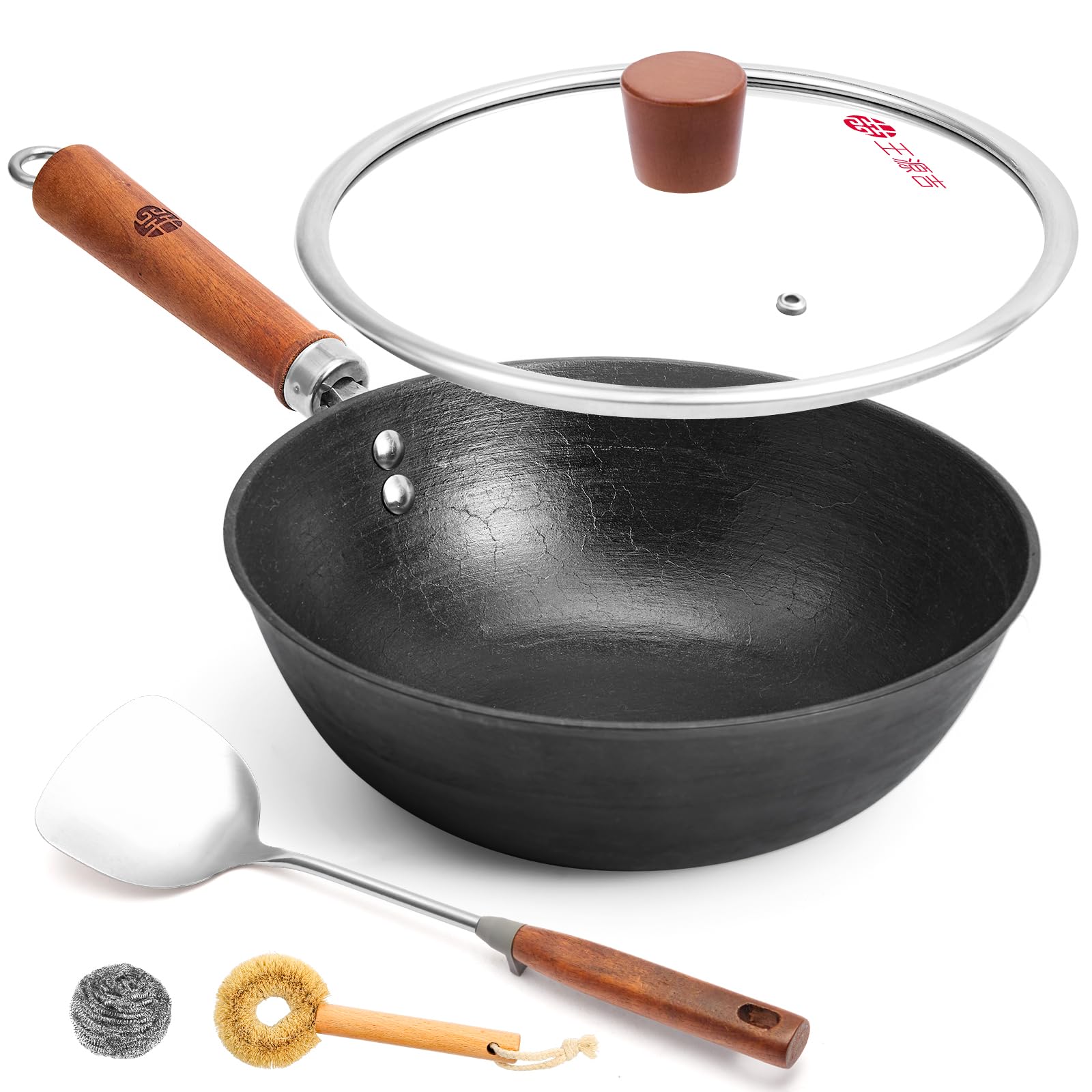 Photo 1 of WANGYUANJI Cast Iron Wok Pan with Lid, 10.2 Inch Small Flat Bottom Stir Fry Skillet, Uncoated Traditional Chinese Iron Pot for 1-2 People, Compatible with Induction & Gas Stoves