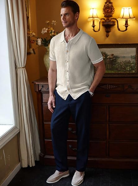 ZAITUN MEN’S LIGHTWEIGHT BUTTON-DOWN SHIRT SUMMER CASUAL SHIRT RELAXED FIT WRINKLE RESISTANT TOP BEIGE WHITE