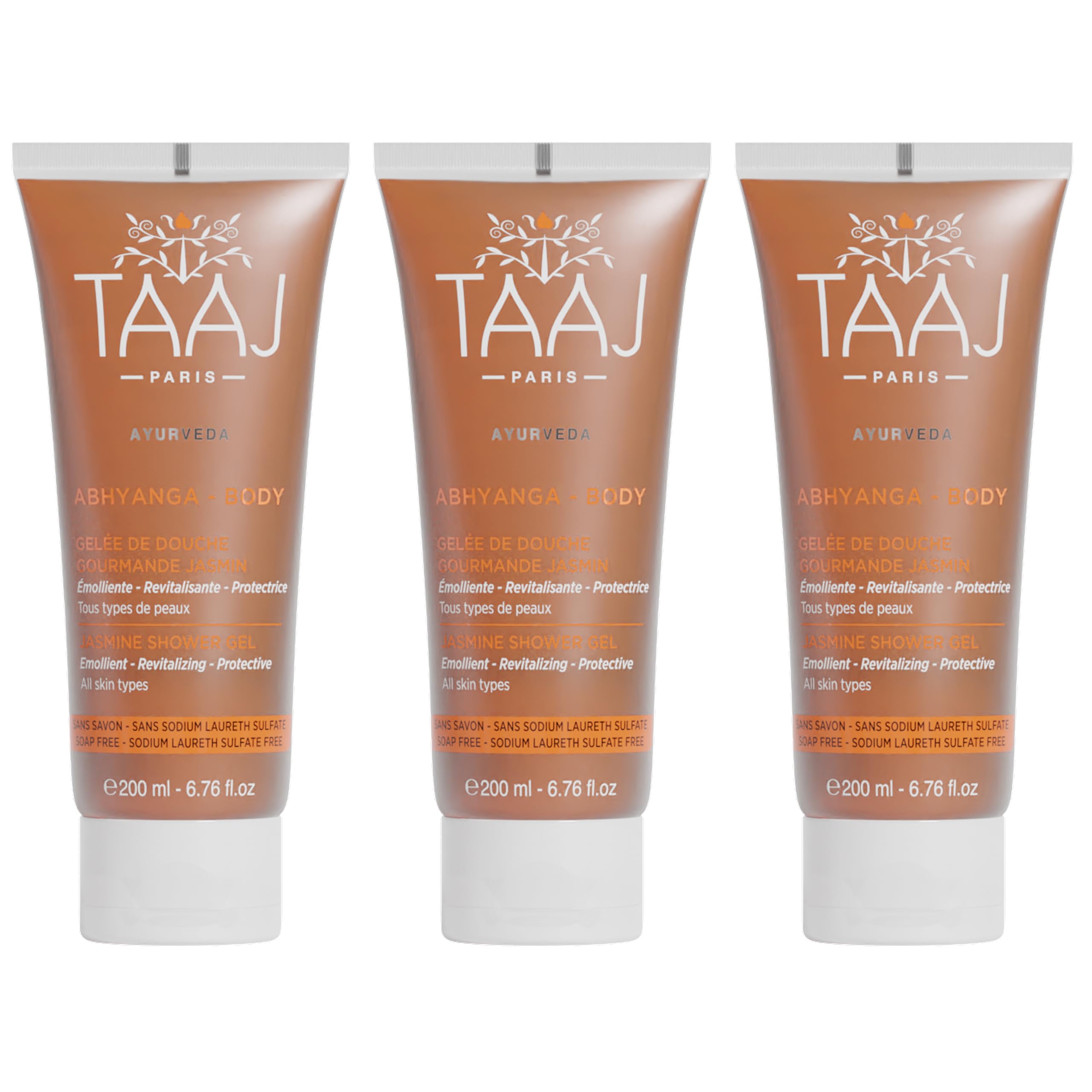 TAAJ | Abhyanga Jasmine Shower Jelly | Anti-Oxidant Virtues | Gently Cleanses the Skin | The skin is Delicately Perfumed | Made in France | Vegan | CrueltyFree | 3x200ML