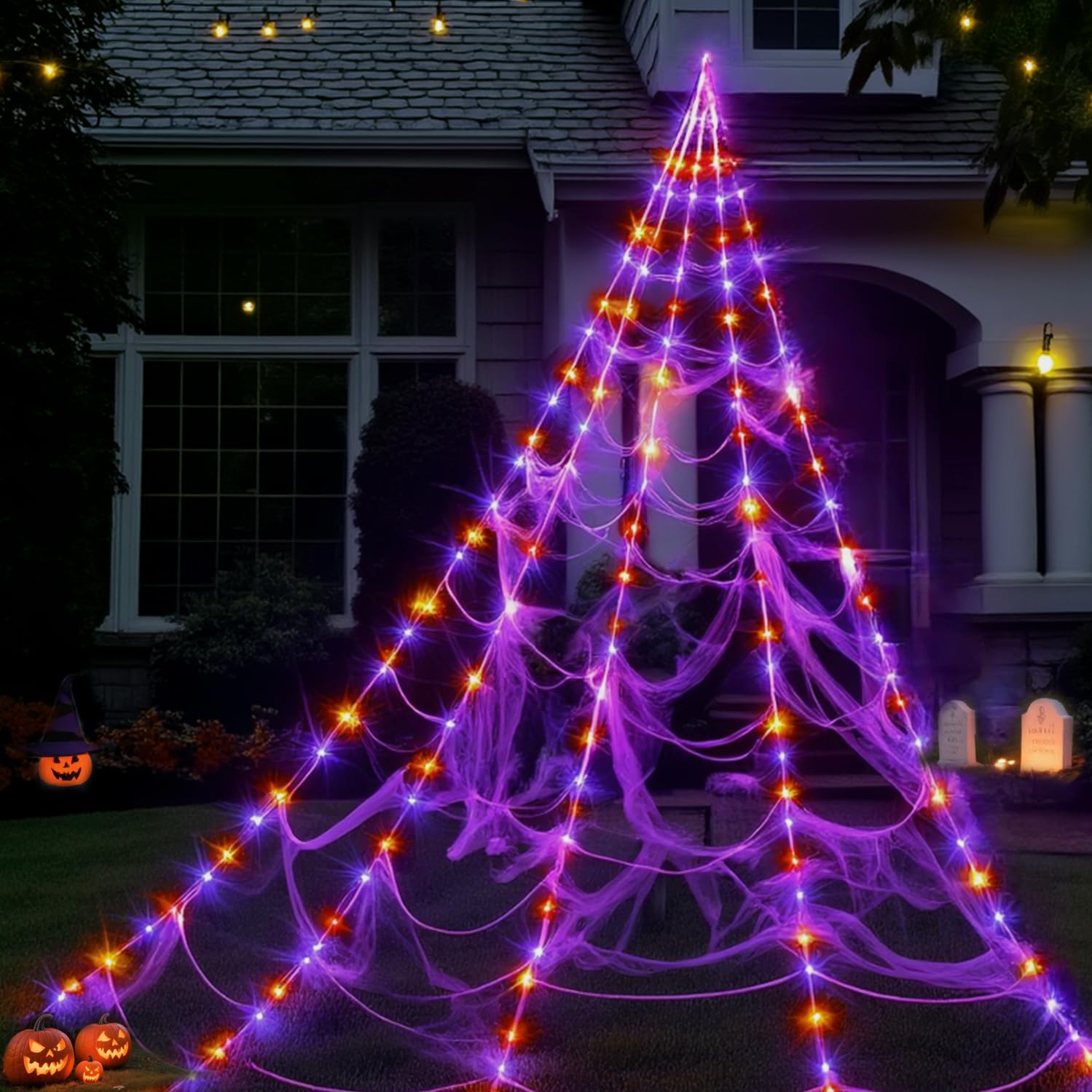 Photo 1 of Spider Web Lights Halloween Decoration Outdoor - 250 Purple & Orange LED, 8 Lighting Modes, 16FT Giant Spider Web for Yard, Outside