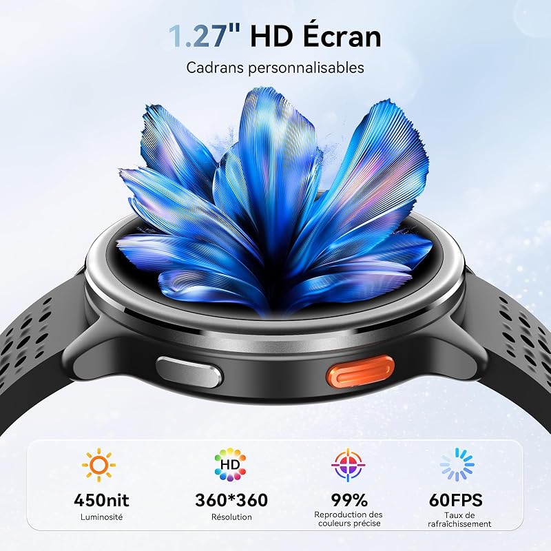 Montre Connectée Femme Homme Ronde 1,27'' HD Smartwatch 2 Bracelets, Appels Bluetooth, 120+ Modes Sportifs, Étanche, Suivi Santé et Activité Compatible pour Samsung iPhone Android iOS Noir — photo 4 sur 8