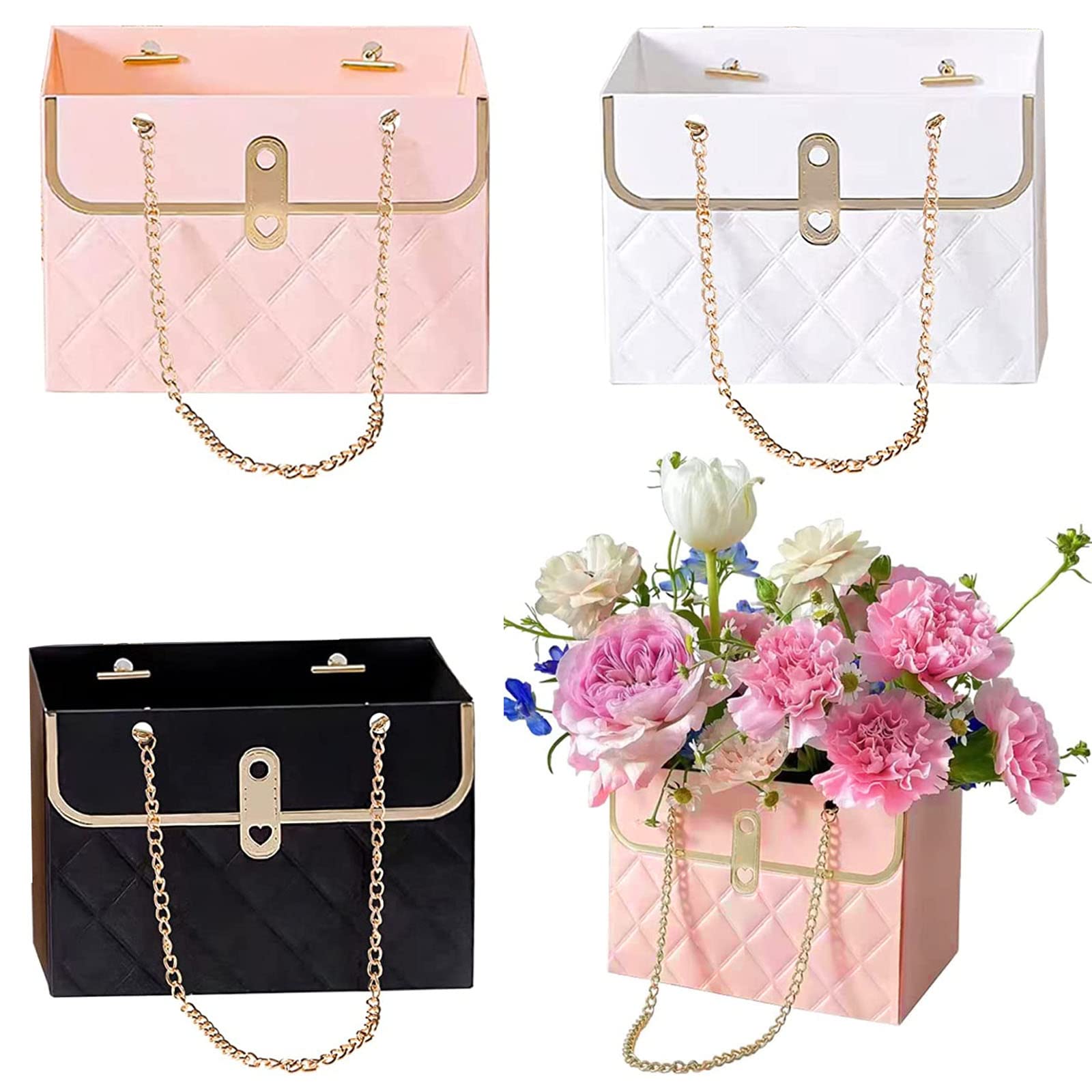 4PCS CTDMJ Flower Paper Box Gift Bags With Metal Chain - Floral Arrangements Bouquet Storage Bucket for Wedding Party Gift Wrap (3 Colors)