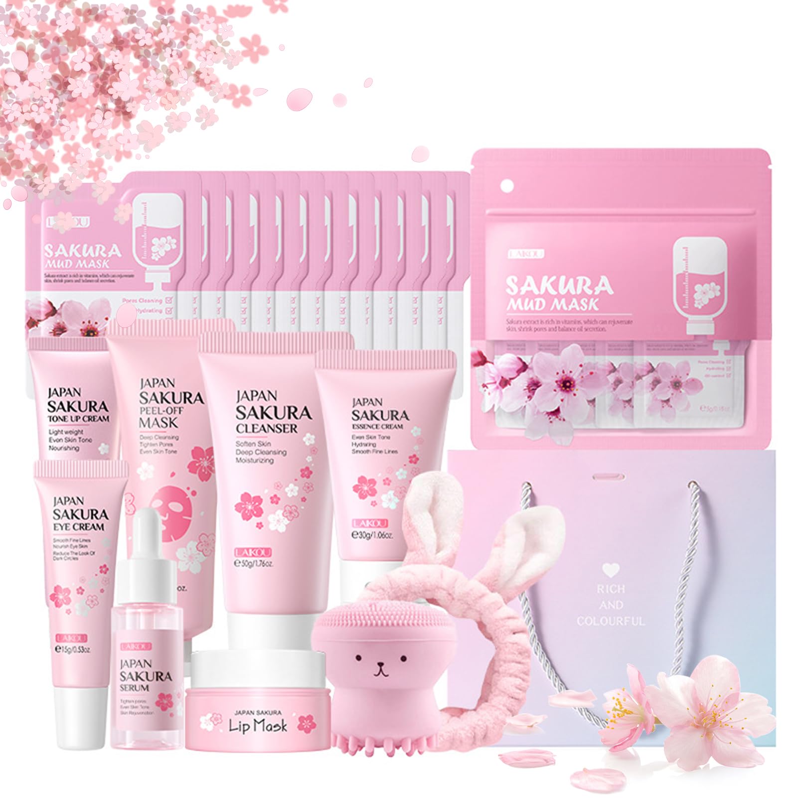 Sakura Skin Care Sets & Kits, Japanese Cherry Blossom Gifts for Teenage Girls, Pamper Sets for Women Gifts, Facial kit Daily Care All In One Set, Travel Kit for Women Teen Girls Mom Birthday, 35PCS