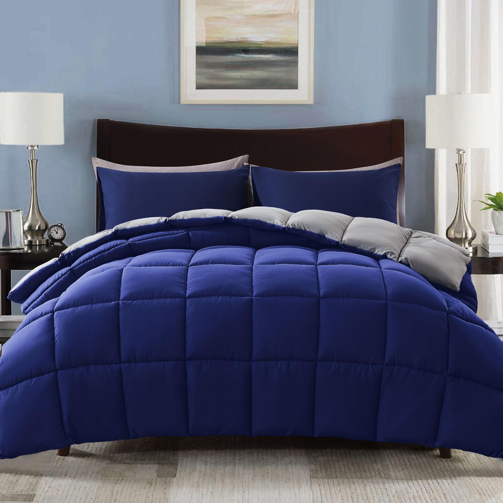 Photo 1 of Decroom Lightweight Full Comforter Set with 2 Pillow Sham - 3 Pieces Set - Quilted Down Alternative Comforter/Duvet Insert for All Season - Blue/Grey - Full Size