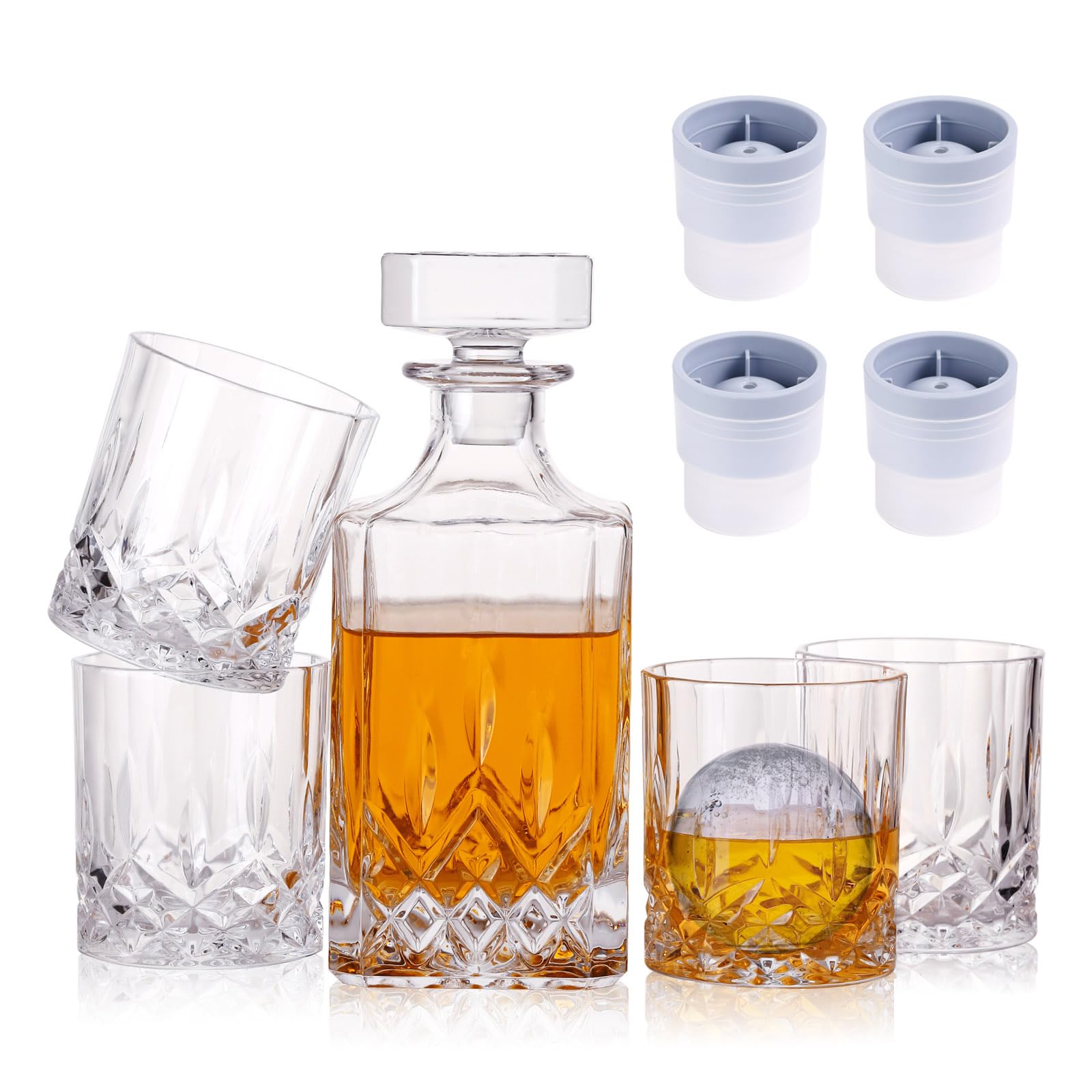 Photo 1 of **** CHECK COMMENTS***. Crystal Whiskey Decanter Set In Gift Box - Includes 4 Crystal Whiskey Glasses and 4 Big Ice Ball Molds - Unique Whiskey Gift for Men