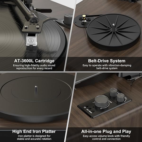 VINYL RECORD PLAYER BUILT IN HIFI STEREO SPEAKERS BT WIRELESS INPUT BELT DRIVE IRON PLATTER TURNTABLES FOR VINYLS RECORDS WITH MM AUDIO AT-3600L CARTRIDGE SOFT WARM LIGHT DESIGN WOODEN CREAM WALNUT