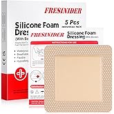 FRESINIDER Silicone Foam Dressing with Adhesive Border – Wound Dressing Bandage – Silicone Foam Pad – Pack of 5 – 5 x 5 Inches Large Waterproof Bandages – Self Adhesive Wound Care and Dressings