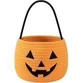 OIAHOMY Halloween Pumpkin Basket, Trick or Treat Pumpkin Candy Bucket, Cotton Rope Woven Basket for Girls/Boys, Orange