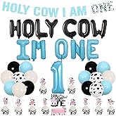 Holy Cow Im One Birthday Decorations Boy, Farm Cow First Party Supplies-Banner & Foil Balloon Bundle with Cake Toppers, Latex Balloons-Perfect for Boys' First Birthday Party Supplies