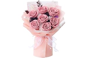Mosstory Preserved Flower Bouquet 7 Real Roses Bouquet Flower Preserved Gift for Her Anniversary Birthday Valentines Day Mothers Day Wedding (Dusty Pink Roses, Pink Paper)