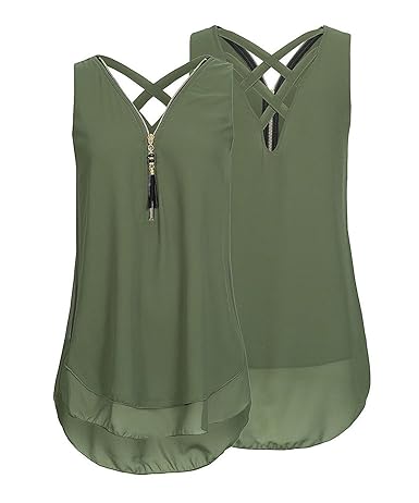 ASKSA Damen Chiffon Bluse Ärmellos Reißverschluss V Ausschnitt Rückenfrei Tank Tops T-Shirt Size S~5XL