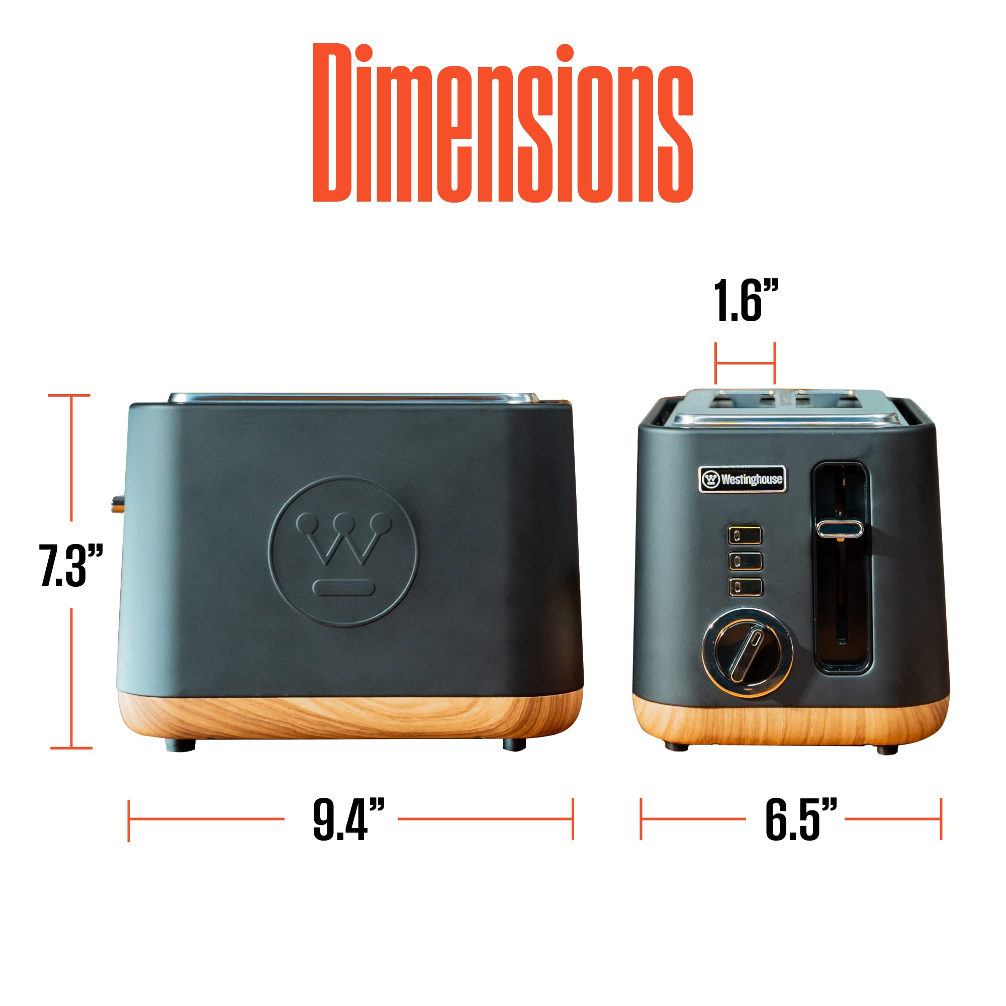 Tostadora de diseño escandinavo Westinghouse con ranuras anchas, bandeja recogemigas extraíble, 6 niveles de dorado y opciones de cancelar/recalentar/descongelar - para pan, bagels y gofres - negro con acabado de madera, 2 rebanadas