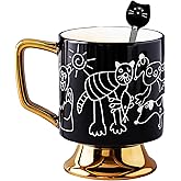 Yuwu 17oz Glossy Ceramic High‑Foot Mug with Tea Bag Holder & Spoon – Hand‑Drawn Kids Doodle Animals (Cat, Dog, Bear) – Cute coffee cup Gift for Women, Girls, Kids, Christmas (black)