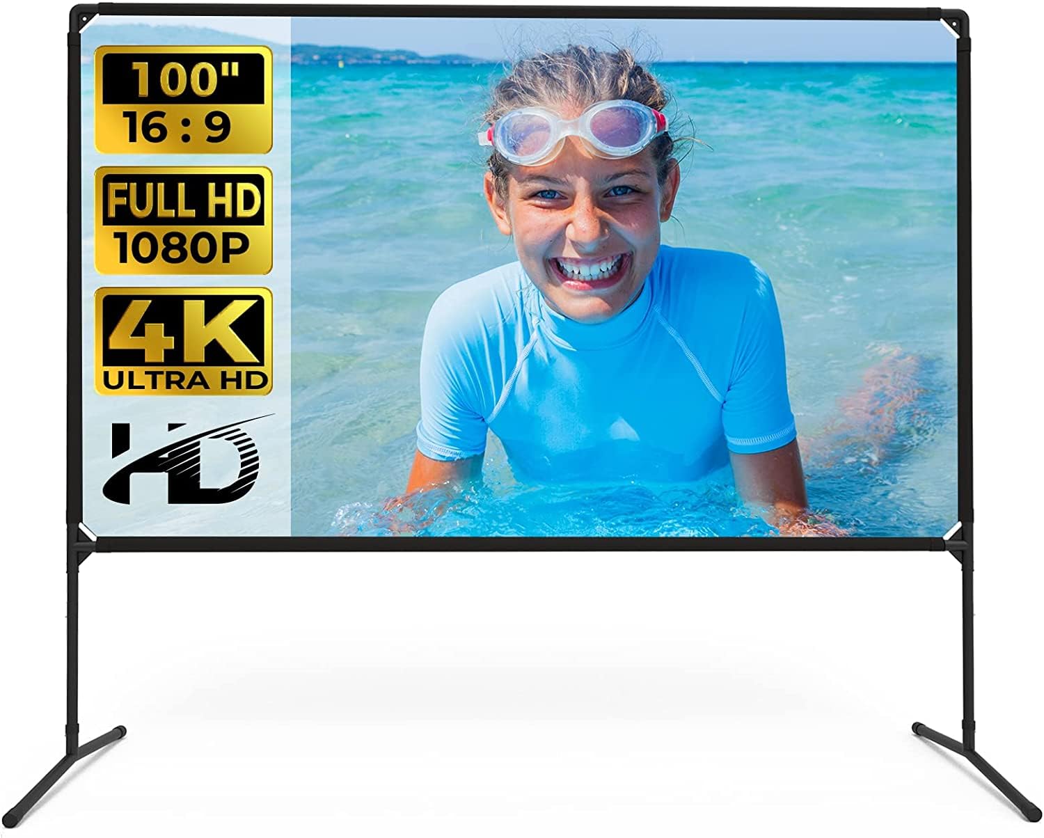 Projector Screen - 100" Movie Projector Screen with Stand, 16:9 HD Foldable for Indoor/Outdoor Projection