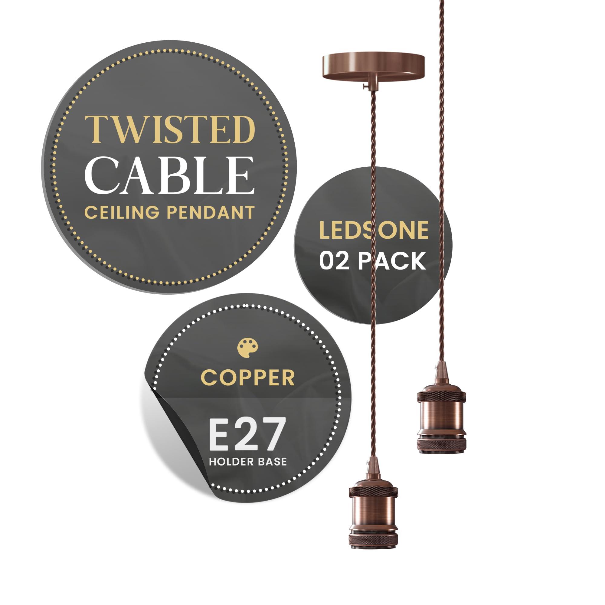 Copper Pendant Light 2 Pack – E27 Bulb Holder with 95cm Braided Adjustable Cable Vintage Industrial Ceiling Light for Kitchen, Dining, Living Room & Bedroom