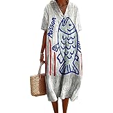 V Neck Boho Floral Maxi Dress Women Summer Short Sleeve Loose Casual Beach Vacation Long Tunic Dress with Pocket