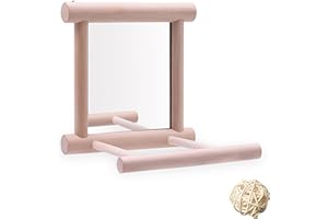 HANZE Bird Mirror Swing with Rattan Ball | Natural Wood Parrot Toy with Metal Hooks for Macaws, Cockatiels, Parakeets, Lovebirds | Safe Chewing & Mental Stimulation