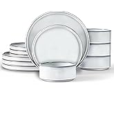 LIANYU Stoneware Dinnerware Dishes Sets for 4, 12 Piece Ceramic Plates and Bowls Dishware Set for Pasta Dessert Cereal, Rustic Terracotta Bottom, Microwave & Dishwasher Safe, Lucent White