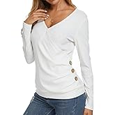 WEIYAN Women's V Neck Buttons Tunic Wrap Tops Long Sleeve Casual Vocation T-Shirts Work Blouse